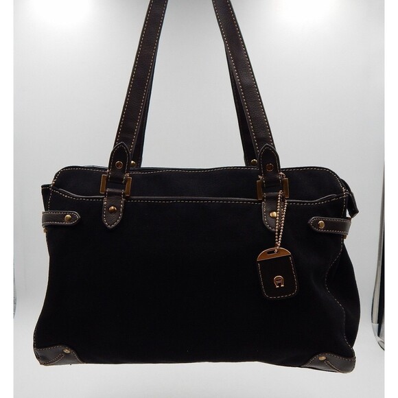 Etienne Aigner Womens Black Canvas Brown Faux Leather Trim Purse Shoulder Bag - Picture 1 of 14